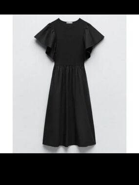 Zara Black Flutter-Sleeve Midi Dress